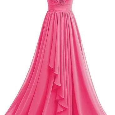 Hot Pink Women‘s V-Neck Bridesmaid Dresses with Slit Long Pleated Chiffon A-Line Formal Party Dresses with Pockets 2025