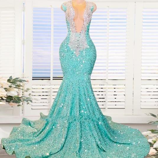 Aqua Blue Sparkly Sequins Mermaid Prom Dresses Long for Women 2025 Beaded Crystal Formal Evening Ball Gowns