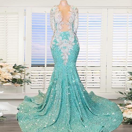 Aqua Blue Crystal Prom Dresses Long for Women 2025 Crew Neckline Lace Appliques Beading Sequins Formal Evening Gowns Tassel Sparkly Sequins Mermaid Evening Gwons