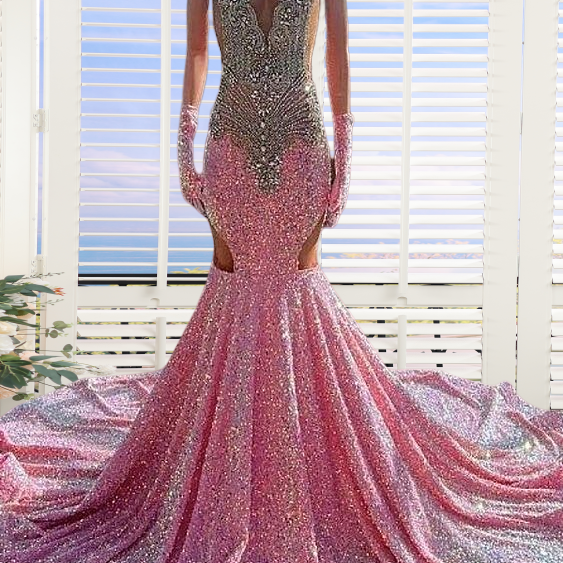 Pink Crystal Prom Dresses Long for Women 2024 Sheer Crew Neckline Beaded Sequins Mermaid Formal Evening Gowns Sparkly Sequins Formal Prom Dresses