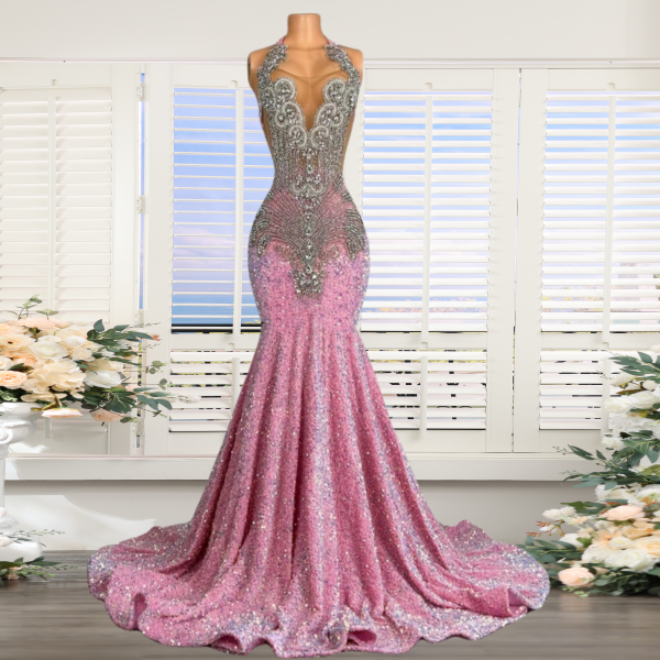 Sparkly Pink Sequin Mermaid Prom Dresses 2024 Luxury Silver Crystal Beaded Sheer Neck Long Prom Gowns for Black Girls