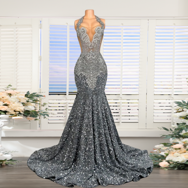 Sparkly Grey Sequin Mermaid Prom Dresses 2024 Luxury Silver Crystal Beaded Sheer Neck Long Prom Gowns for Black Girls