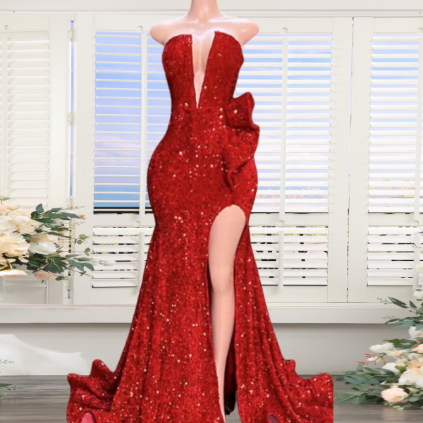 Red Sparkly Sequins Prom Dresses Long for Women 2025 Deep V Neck Ruffle Mermaid Side Slit Formal Evening Dresses Tight Party Dresses
