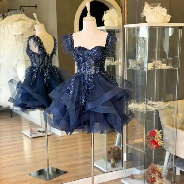 Navy Blue Ruffle Short Prom Dresses Sweetheart Neckline Illusion Corset Short Homecoming Dresses Ruffle Tulle Ball Gown Cocktail Dresses Sparkly Sequins Evening Gowns
