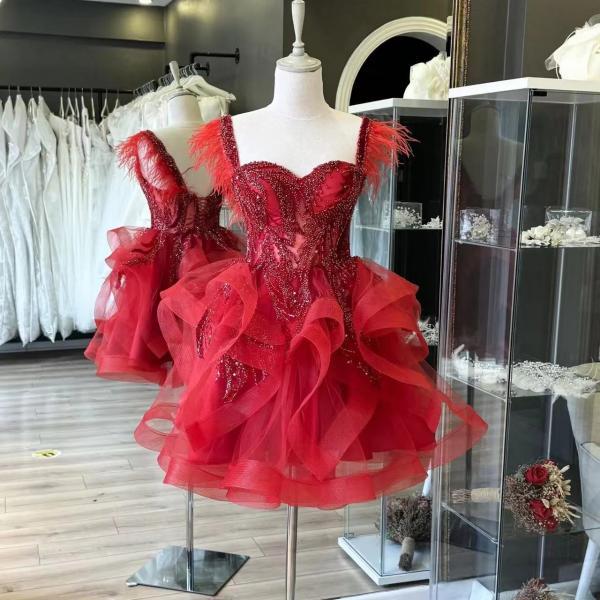 Red Ruffle Short Prom Dresses Sweetheart Neckline Illusion Corset Short Homecoming Dresses Ruffle Tulle Ball Gown Cocktail Dresses Sparkly Sequins Evening Gowns