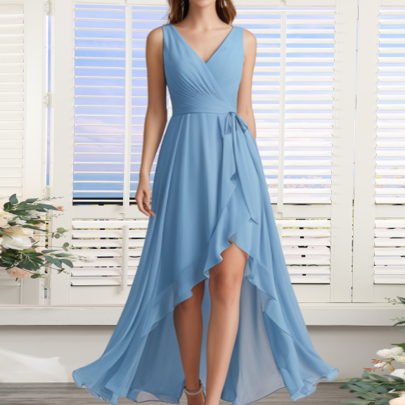 Steel Blue V Neck Chiffon Bridesmaid Dresses High Low Pleats Wraped Formal Wedding Guest Party Dresses Ruched Sashes High Front and Low Back Maid of Honor Dresses