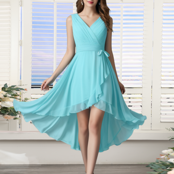 Short Chiffon Sky Blue Bridedsmaid Dresses for Women 2025 V Neck Wrapped Sashes Pleats Ruffle Wedding Guest Party Dresses V Neck Ruched Side Slit Maid of Honor Dresses