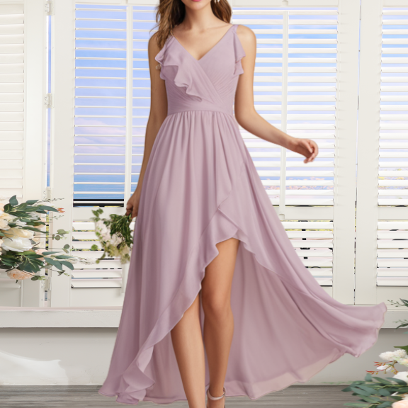 Dusty Rose Bridesmaid Dresses Long for Women 2025 Ruffle Side Slit Wedding Guest Dresses Chiffon V Neck High Low Maid of Honor Dresses Dusty Purple Pleated Formal Party Dresses