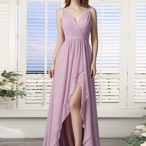 Manve Pink Chiffon Bridesmaid Dresses Long for Women 2025 V Neck Pleates with Slit Ruched A Line Wedding Guest Dresses Spaghetti Straps High Split Flowy Ruffle Maid of Honor Dresses