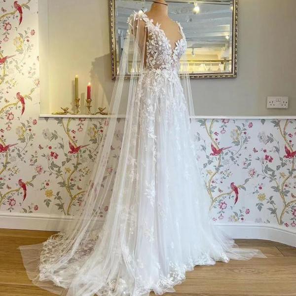 White V Neck Floral Lace Appliques Wedding Dresses for Bride 2025 Illusion Tulle Court Train Bridal Dresses Gowns