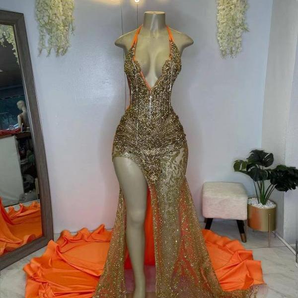 Gold Crystal Prom Dresses Sparkly Beading Luxury Formal Evening Party Gowns Long for Women 2025 Glitter Sequins Mermaid Graduation Dresses