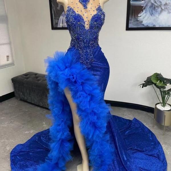 Royal Blue Sparkly Satin Prom Dresses Long for Women 2025 Mermaid Side Slit Ruffle Formal Evening Gowns Crew Neckline Pearls Lace Appliques Evening Dresses Graduation Dresses
