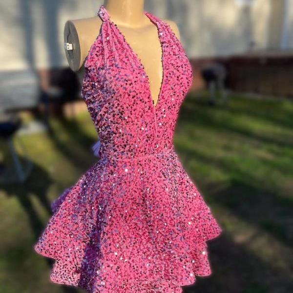 Hot Pink Sparkly Sequins Short Homecoming Dresses Deep V Neck Ruffle Ball Gown Mini Graudation Dresses for Teens 2025 Short Prom Dresses