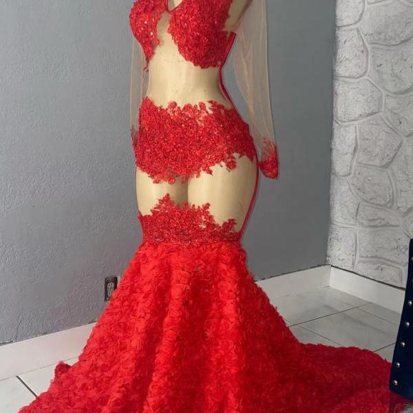 Luxury Red Mermaid Aso Ebi Prom Dresses Feathers Cap Sleeves Cryatals Beaded Tiered Ruffles Plus Size Women Evening Gowns main image 1