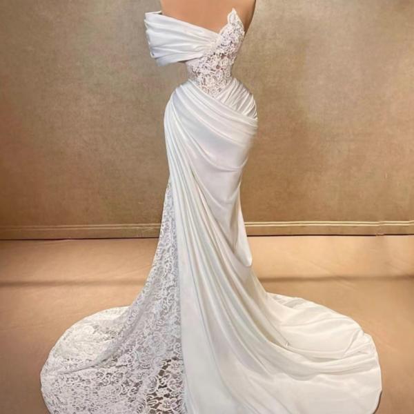 One Shoulder Pleated Lace Mermaid Wedding Dresses For Bride 2025 Satin