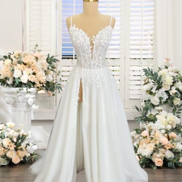 Summer Wedding Dress Custom Round Neck Long Sleeves Sparkling Appliques Bridal Gowns Side High Slit Bride Dresses
