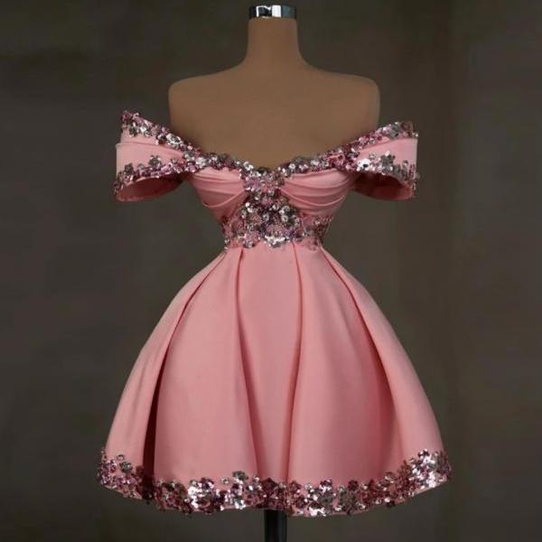 Sexy Pink Off The Shoulder Satin Beaded Mini Cocktail Dress Short Graduation Homecoming Dress Y9119 main image 1