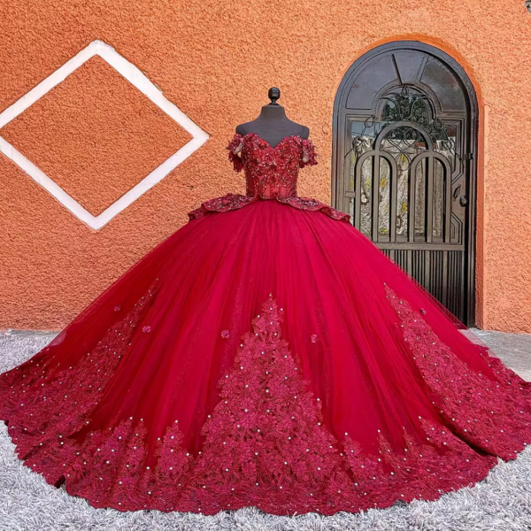 Vintage Burgundy Velvet Off-Shoulder Pearl Chain Puff Sleeves Sweet 15 Quinceanera Ball Gown DP7713