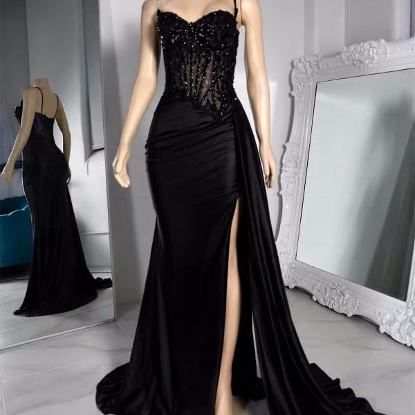Black Velvet Sequin Feathers Train Rhinestone Prom Dress Black Girl African Mermaid Elegant Dress For Wedding Party Sexy main image 1