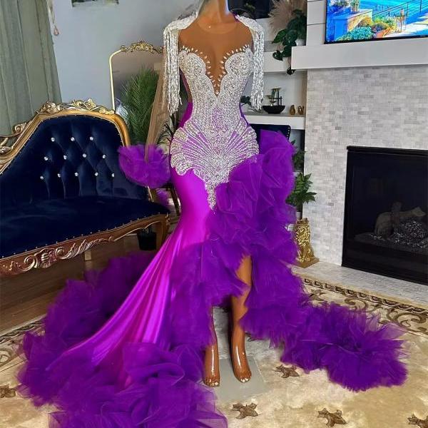 Women's Mermaid Prom Dress With Lace Appliqué & Crystals - Long Evening Gown For Formal Events
