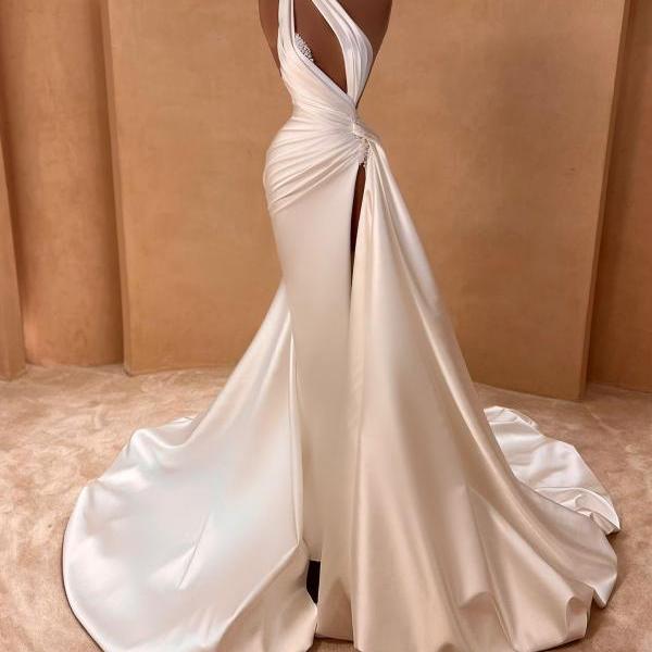 One Shoulder Crystal Mermaid Wedding Dresses For Bride 2025 Pleated