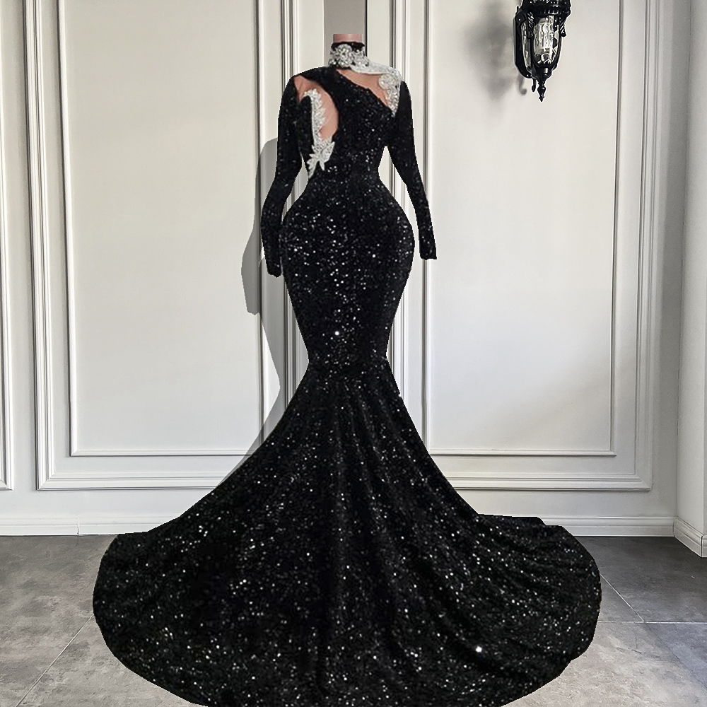 Sexy Long Prom Dresses 2023 Sexy Mermaid High Neck Crystals Black Girls ...