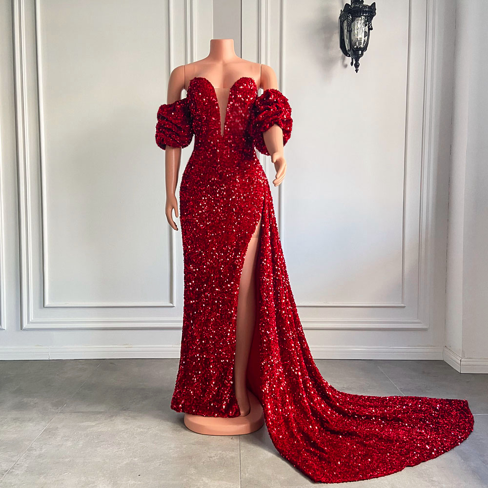 Long Red Prom Dresses 2023 Off The Shoulder Sexy High Slit Sequined ...
