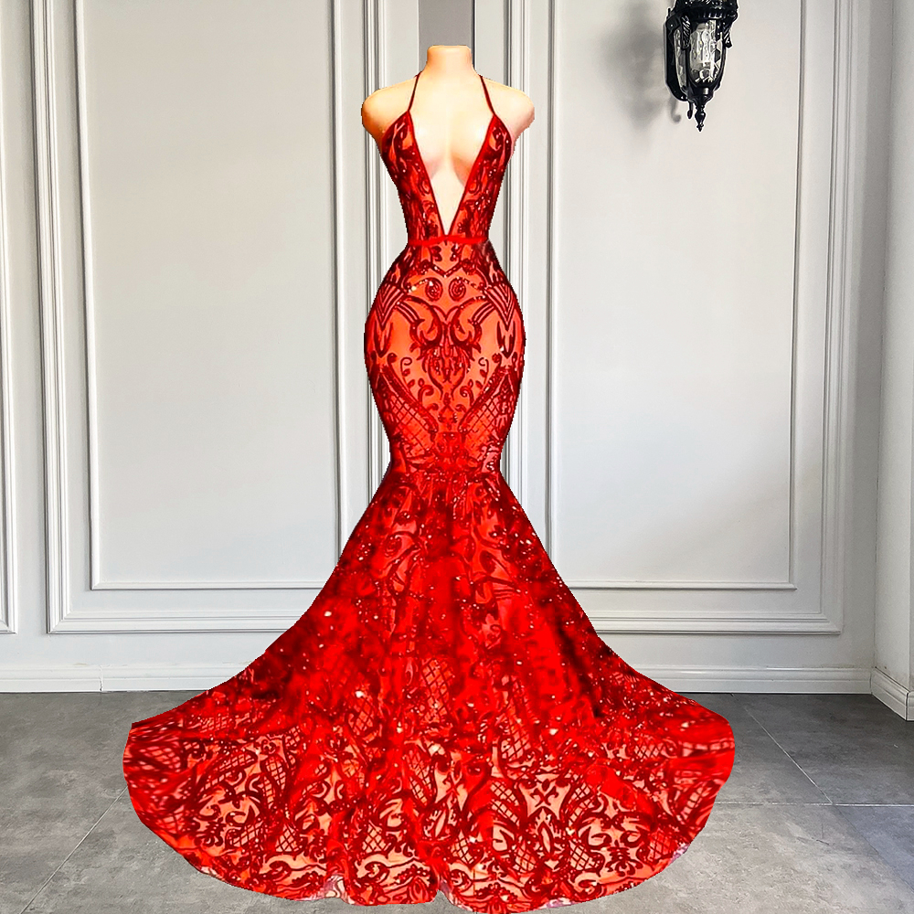 Long Sexy Prom Dress 2023 Halter Mermaid Style Backless Sparkly Red ...
