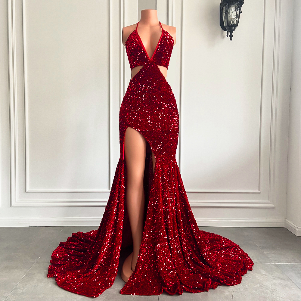 Long Sexy Prom Dresses 2023 Mermaid High Slit Halter Sparkly Red Sequin African Black Girls Prom 3983