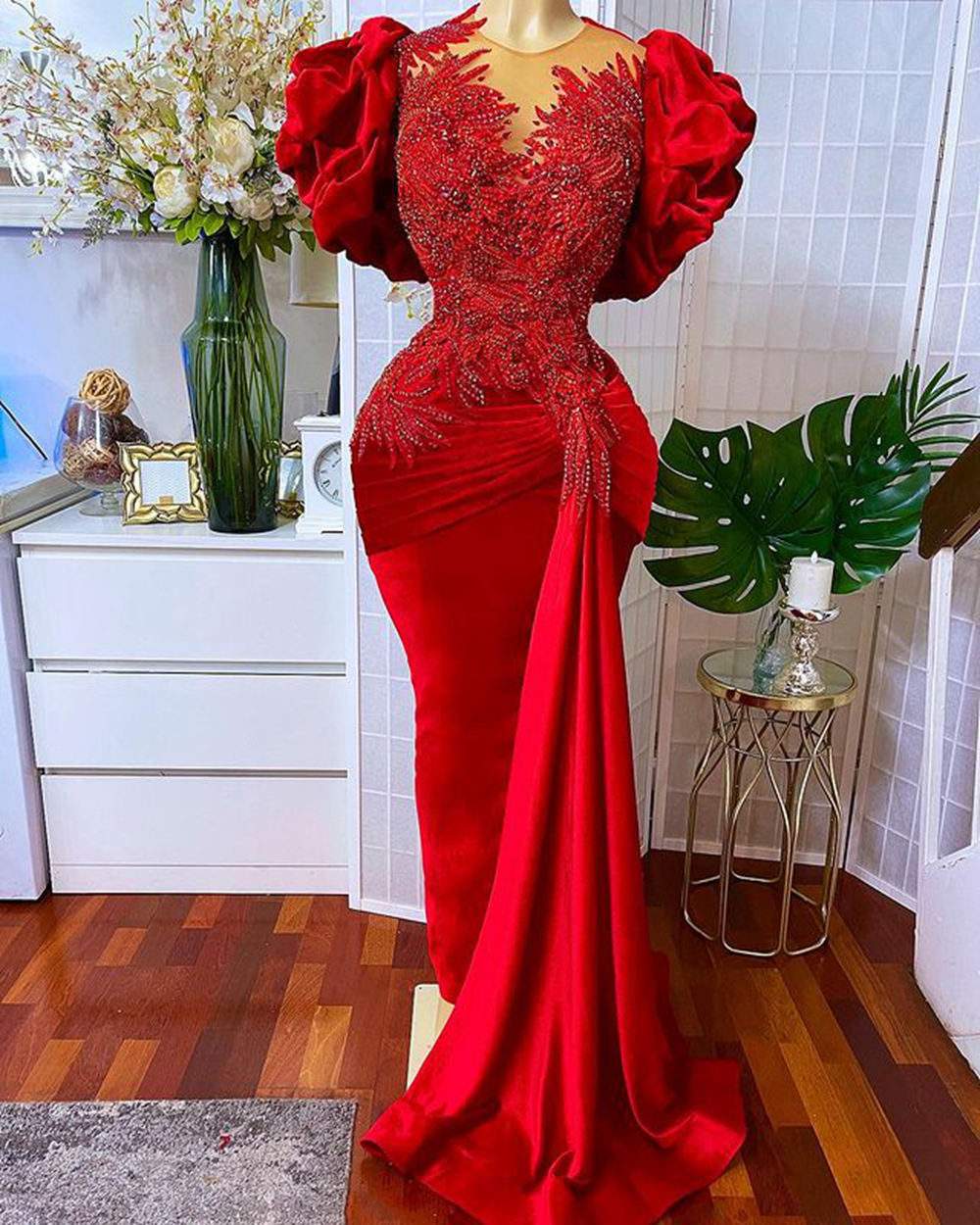 Long Red Evening Dresses 2023 Real Sample Skinny Beaded Lace Short ...