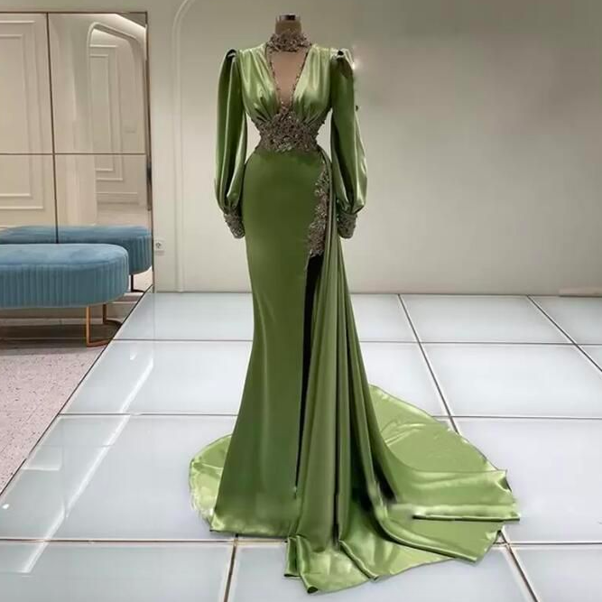 High Neck Green Evening Dresses Crystal Split Side Train Celebrity ...