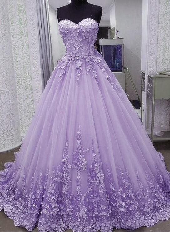Purple Prom Dresses, Sweetheart Neck Prom Dresses, Hand Made Flowers ...