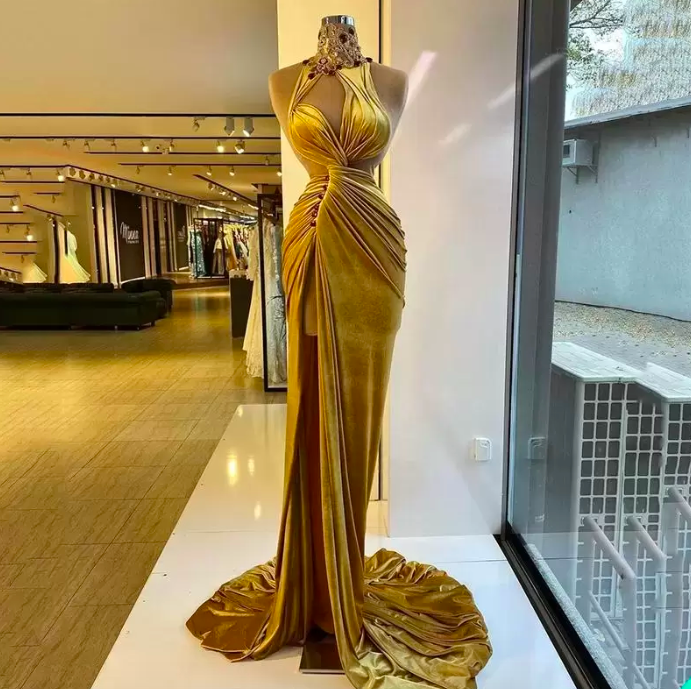 2022 Gold Velvet Prom Dresses Elegant Ruched Long Sweep Train Mermaid ...