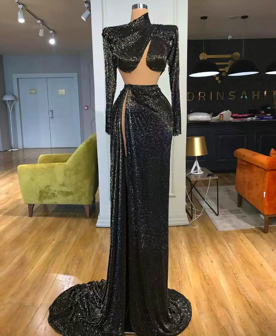 Sexy Black Sequined Mermaid Prom Dresses High Neck Long Sleeve Side ...