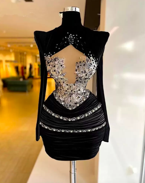 2023 Black Velvet High Neck Short Prom Dress Evening Dresses For Women ...
