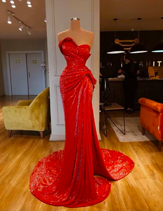 Elegant Mermaid Sequins Prom Dresses 2023 Red African Party Arabic ...