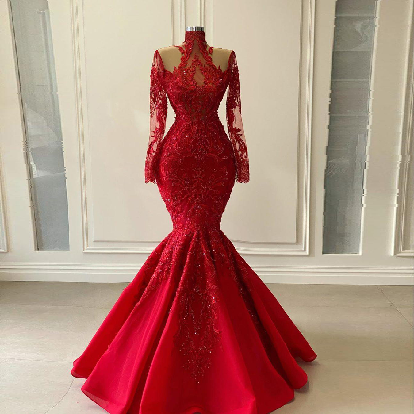 Red Elegant Mermaid Evening Dresses Long Sleeve Plus Size Lace Appliques High Neck Women Prom 1753