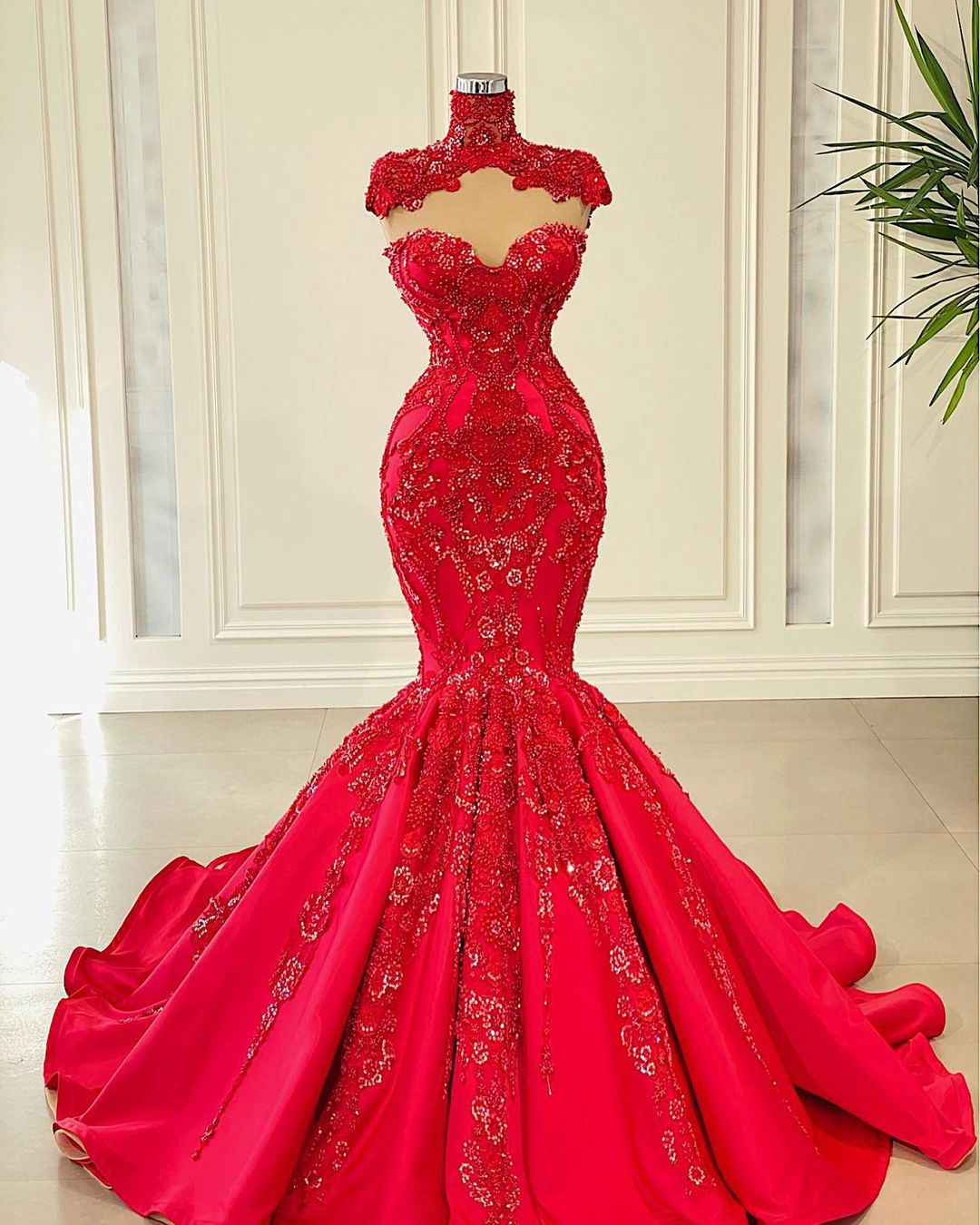 Luxury Red Evening Dresses Detachable High Neck Crystals Beaded Mermaid ...
