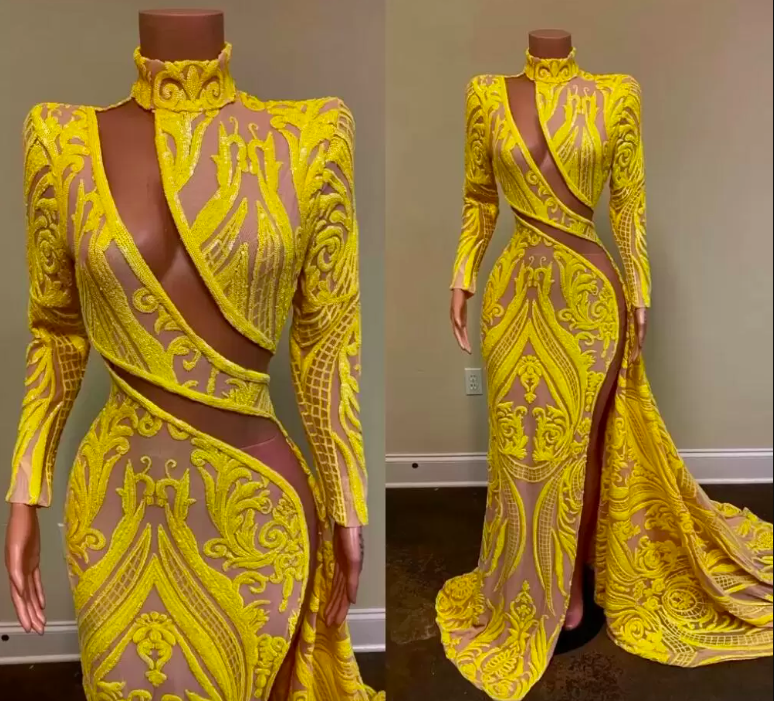 Long Sleeve Sexy Prom Dresses 2023 High Neck Side High Slit Yellow ...