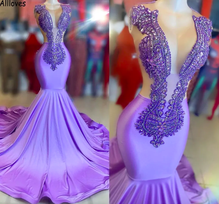 Sparkle Crystals Lavender Mermaid Prom Dresses Plunging V Neck Beaded ...