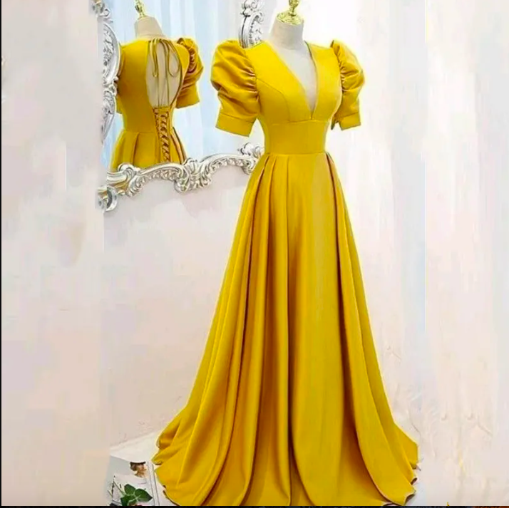 A-line V Neck Open Back Lace Floral Long Prom Dresses Yellow Tulle Formal Gowns main image 1