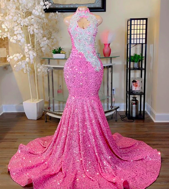 Pink Sequin Halter Mermaid Prom Dresses 2023 For Black Girl Silver ...