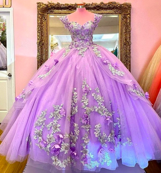 Light Purple Princess Quinceanera Dress Silver Appliques 3D Flowers ...