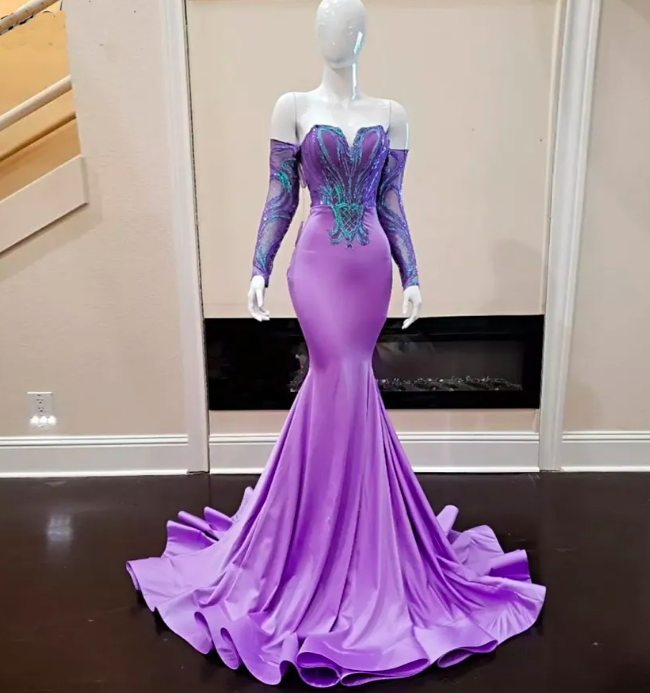 Elegant Lilac Mermaid Prom Dress Sequin Applique Simple Party Dresses