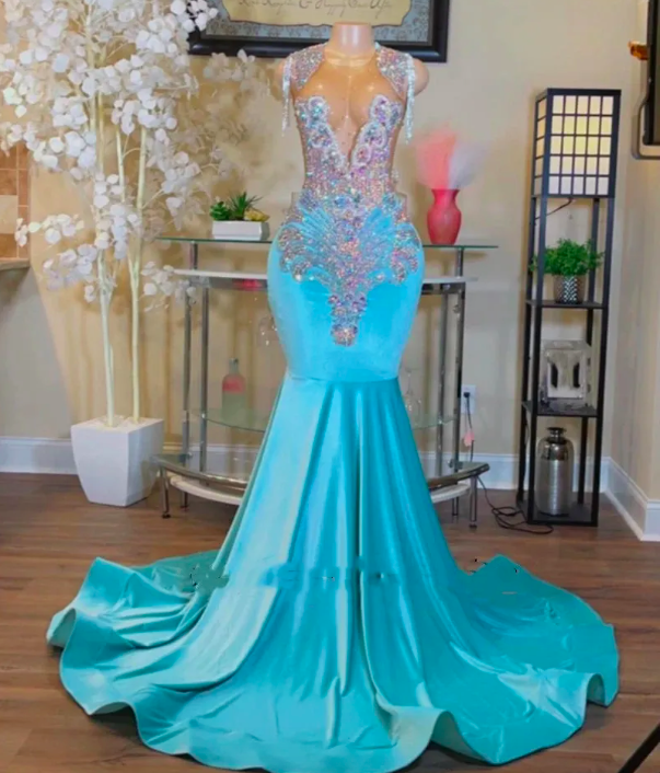 Sexy Plus Size Mermaid Prom Party Dresses 2023 Blue Velvet Sparkly ...