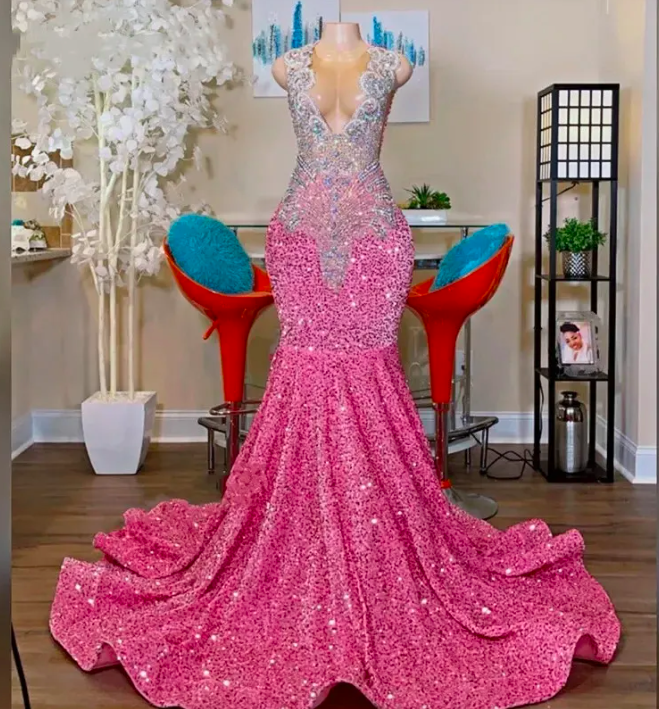 Sexy Sparkly Pink Mermaid Prom Dress 2023 Sheer Neck Beads Crystal ...