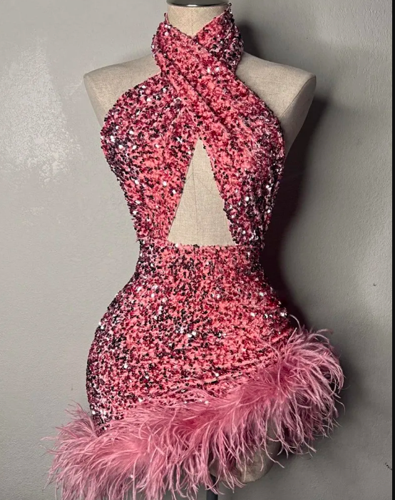 Sexy Pink Short Women's Prom Party Dress 2023 With Ostrich Feather ...