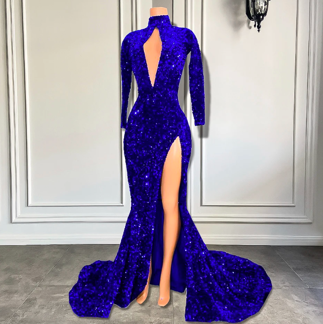 Long Sleeve Prom Dresses 2023 High Neck Sexy High Slit Sparkly Royal