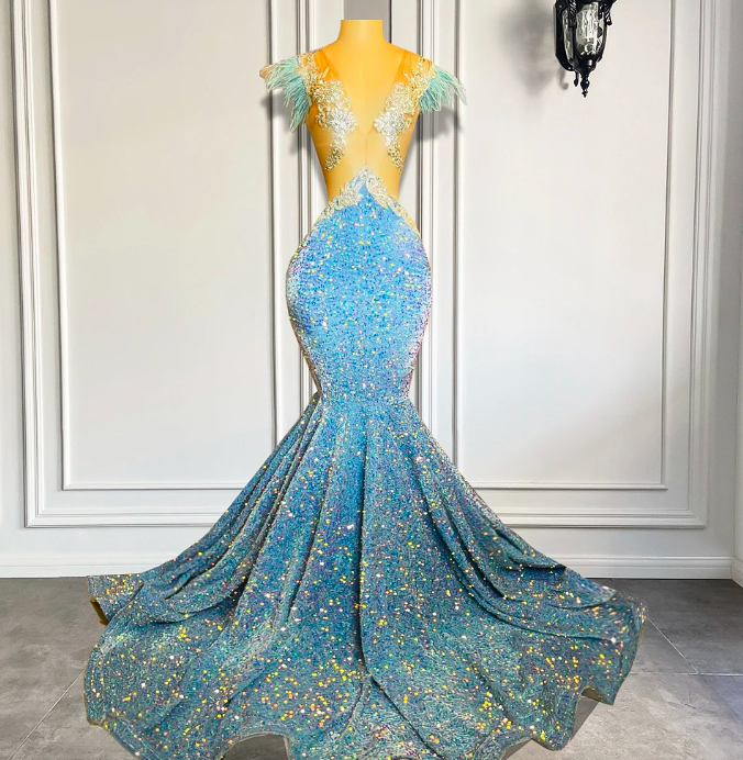 Mermaid Prom Dresses 2023 Sexy Sheer V-neck Sleeveless Silver Crystals ...