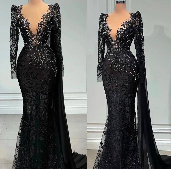 Black Lace Mermaid Prom Dresses 2023 Beaded Lace Appliques Evening ...